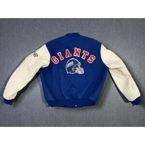 Vintage Chalk Line New York Giants Varsity Jacket Blue and Cream Snap Front XL